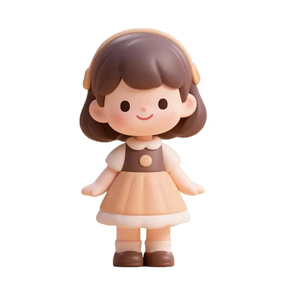 Cute Smiling Cartoon Girl Doll With Brown Hairband And Beige Dress 3d model