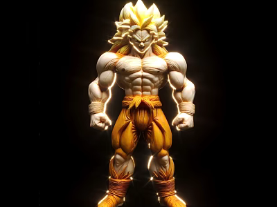 Golden Haired Muscular Action Figure With Yellow Orange Outfit And Glowing Details 3d model