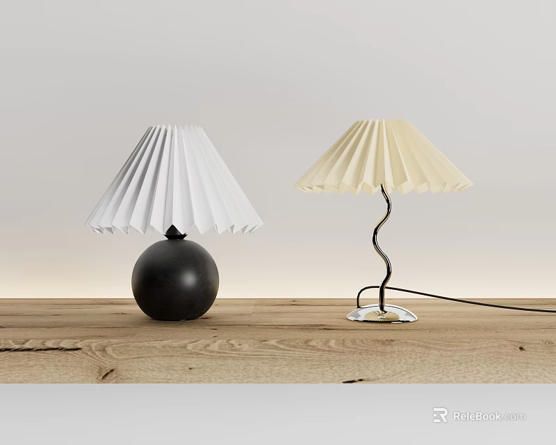 Modern Pleated Table Lamps in Black and Beige with Curved Stand on Wooden Desk 3d model 