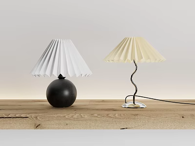 Modern Pleated Table Lamps in Black and Beige with Curved Stand on Wooden Desk 3d model