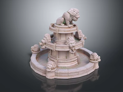 Stone Lion Garden Fountain With Tiered Structure And Decorative Lion Ornaments 3d model