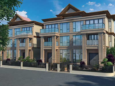 Modern Detached Villa Exterior With Large Windows Balconies Front Fence And Greenery 3d model