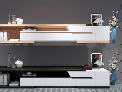 Modern TV Stand With White And Wooden Design Decorative Items Books And Photo Frames 3d model