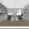 Modern Office Meeting Room with Long Table Black Chairs White Cabinets Bookshelves and Posters 3d model