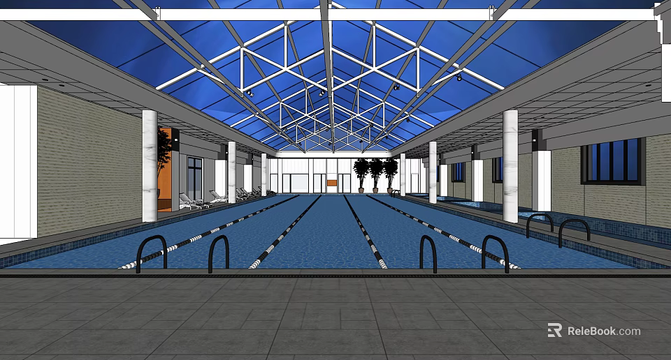 Indoor Swimming Pool With Blue Glass Roof Steel Frame Structure Lane Markers And White Columns 3d model 