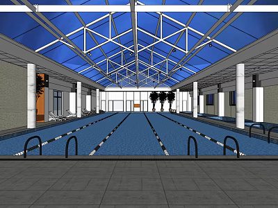 Indoor Swimming Pool With Blue Glass Roof Steel Frame Structure Lane Markers And White Columns 3d model