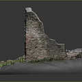 Ancient Stone Ruin Scenery With Arched Windows Green Grass And Rubble