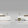 Modern Reception Desk Interior Design With White Curved Surface And Small Plant Decorations