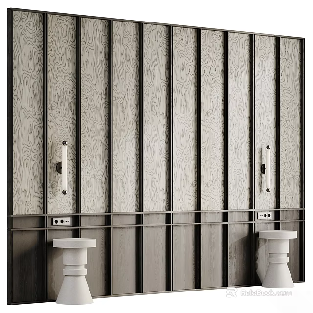 Wooden Vertical Striped Background Wall With Metal Accent Strips And White Bases 3d model 