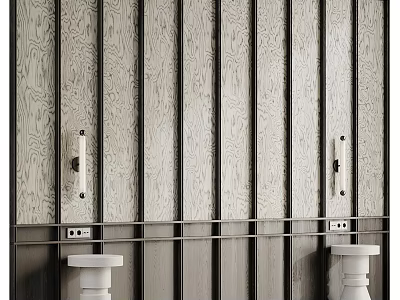 Wooden Vertical Striped Background Wall With Metal Accent Strips And White Bases 3d model