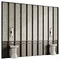 Wooden Vertical Striped Background Wall With Metal Accent Strips And White Bases