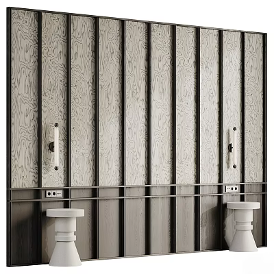 Wooden Vertical Striped Background Wall With Metal Accent Strips And White Bases 3d model