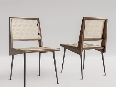 Modern Single Chair Featuring Wooden Frame Woven Seat and Metal Legs Design 3d model