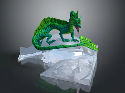 Green Striped Dragon Standing On Transparent Ice Crystal Base With Open Mouth 3d model