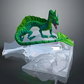 Green Striped Dragon Standing On Transparent Ice Crystal Base With Open Mouth