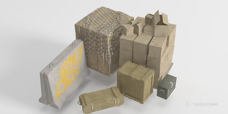 Weapon Storage Containers Including Military Crates Wooden Boxes And Metal Panels 3d model 