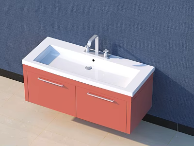 Modern Bathroom Vanity With Red Cabinet White Countertop Chrome Faucet Blue Wall And Light Floor 3d model