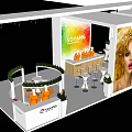 Modern Exhibition Booth With Curved Display Areas Seating Green Plants And Large Model Posters