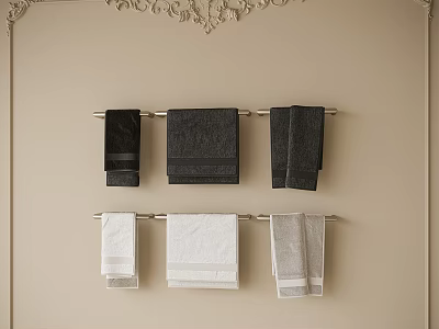 Bathroom Towels in Black Dark Grey White Light Grey Hanging on Racks Against Beige Wall 3d model