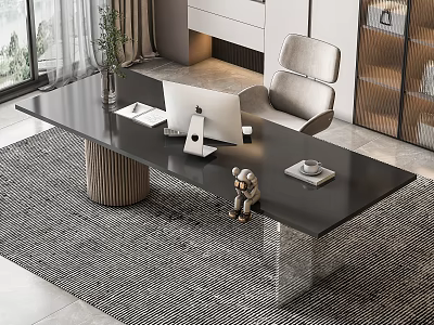 Modern Office Desk Setup In Home Office With Computer Monitor Coffee Cup Chair Plant And Rug 3d model