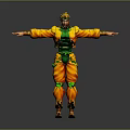 Game Movie Character In Yellow Green Outfit With Open Arms Pose And Crown Headpiece