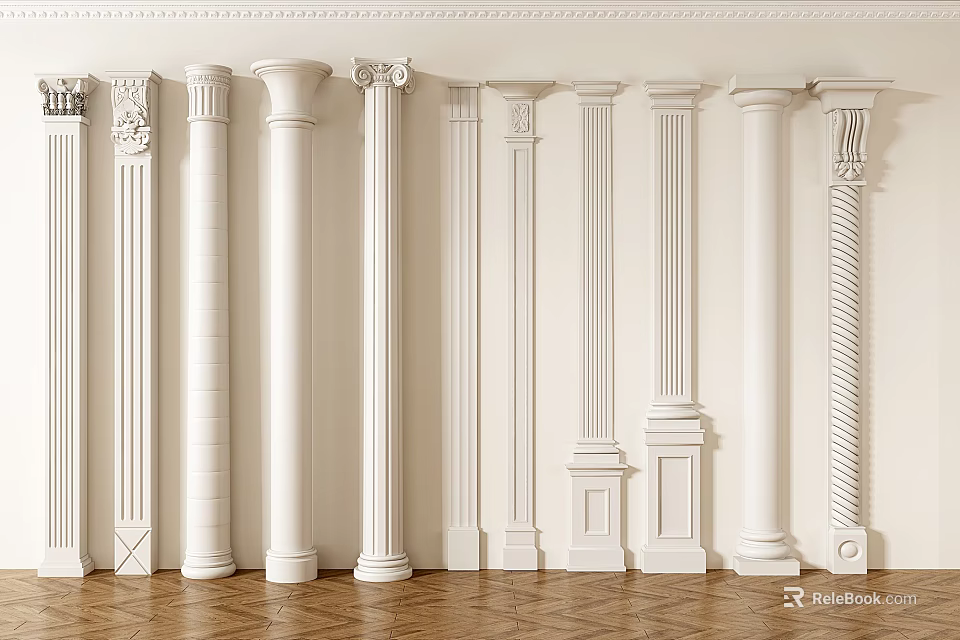 Classical White Roman Columns With Various Decorative Carved Styles In Interior 3d model 