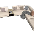 Beige Sectional Sofa with Decorative Pillows Coffee Table and Throw Blanket 3d model