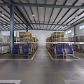 Warehouse Interior With Shelves Cardboard Boxes Blue Signs And Wide Aisle