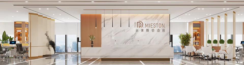 Hotel Reception Desk With Marble Background Wooden Panel Hanging Lights Green Plant And Hotel Logo 3d model 