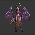 Fantasy Character With Purple Skin Golden Horns Bat Wings Red Gold Armor And Weapon