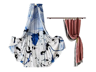 Cat Print And Striped Curtains With Blue White And Pink Fabric For Home Decor 3d model