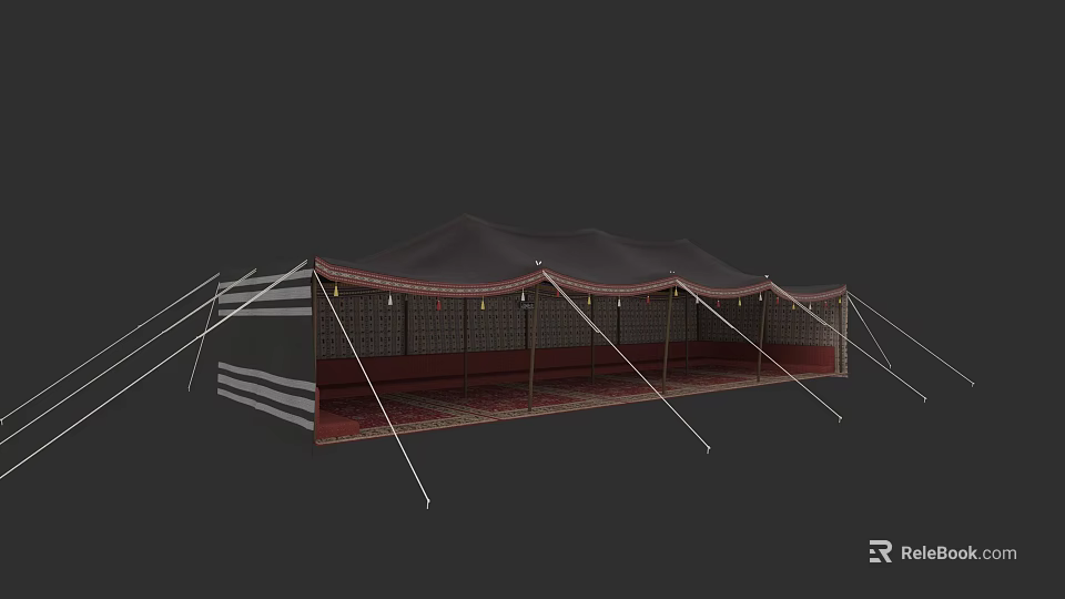 Traditional Ancient Architectural Tent Structure With Black Roof Red Carpet And Support Ropes 3d model 