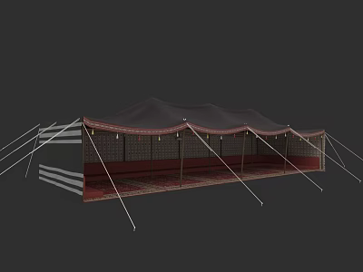 Traditional Ancient Architectural Tent Structure With Black Roof Red Carpet And Support Ropes 3d model