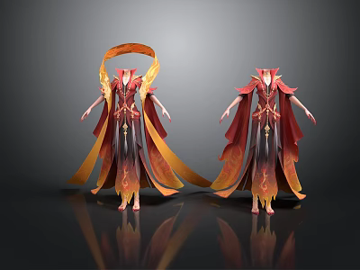 Man In Elaborate Red And Yellow Flowing Robe Costume With Decorative Details 3d model