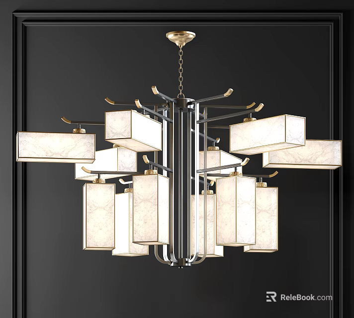 Elegant Modern Chandelier With Chrome Frame And Rectangular Linen Shades For Interior Design 3d model