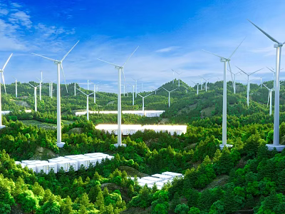 Stunning Lush Green Mountain Forest Scenery With Vast Wind Power Farm Under Clear Blue Sky 3d model