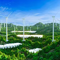 Stunning Lush Green Mountain Forest Scenery With Vast Wind Power Farm Under Clear Blue Sky