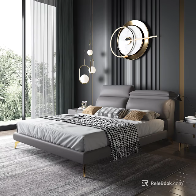 Modern Bedroom Interior Design With Gray Bed Round Mirror Hanging Lights And Green Curtains 3d model 