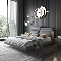 Modern Bedroom Interior Design With Gray Bed Round Mirror Hanging Lights And Green Curtains