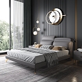 Leather Bed Vintage Bedroom Minimalist Leather Double Bed Bedside Cabinet Carpet Chandelier Wall Decoration 3d model