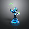 Blue Robot Game Character 3D Model With Green Glowing Arm And Blue Base Design