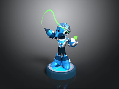 Blue Robot Game Character 3D Model With Green Glowing Arm And Blue Base Design 3d model