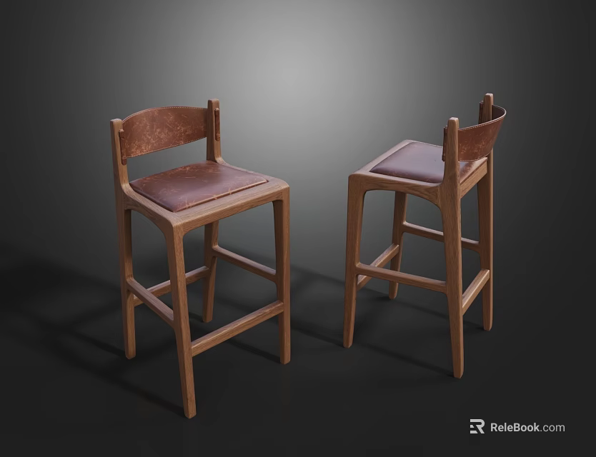 Two Wooden Bar Stools With Brown Leather Seat And Backrest Modern Design 3d model 