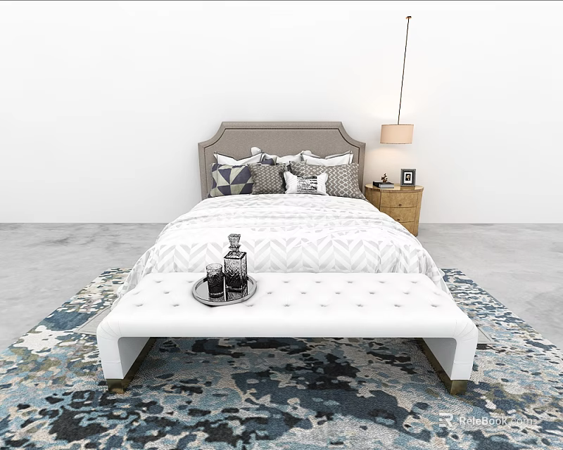 Modern Double Bed with Gray Headboard Pillows Nightstand Lamp and White Bench on Patterned Rug 3d model