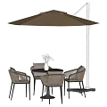 Outdoor Table and Chair Set with Rattan Chairs Round Table Umbrella and Vase with Flowers