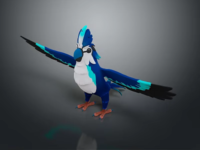 Cartoon Style 3D Model Parrot With Blue And White Feathers Spread Wings And Orange Claws 3d model