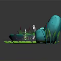 Cartoon Scene With Big Eyed Blue Frog On Lily Pad Small Waterfall Reeds And Flowers