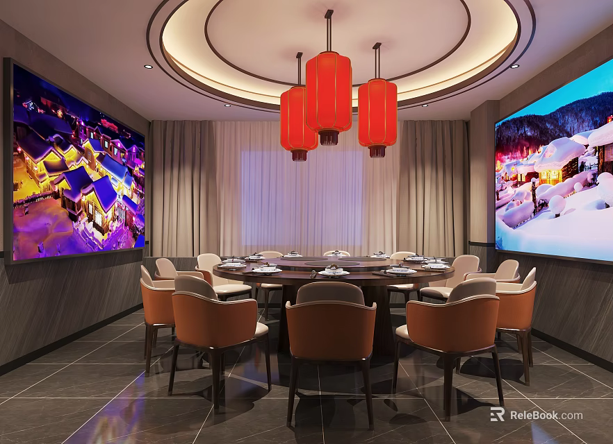 Private Dining Room with Round Table Red Lanterns and Large Scenic Screens 3d model