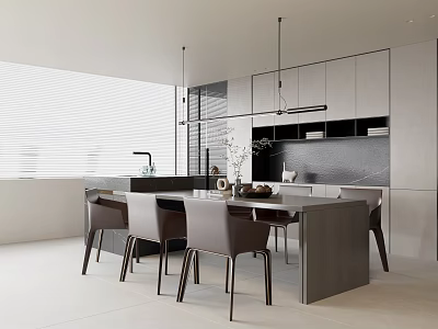 Modern Minimalist Restaurant Interior Design With Dining Table Chairs Hanging Pendant Lights And Integrated Cabinets 3d model
