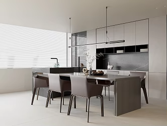 Modern Restaurant Water Bar Table Middle Island Table Casual Dining Chair Solid Wood Sideboard Metal Chandelier Oven Faucet Sink Kettle Water Cup Vase 3d model